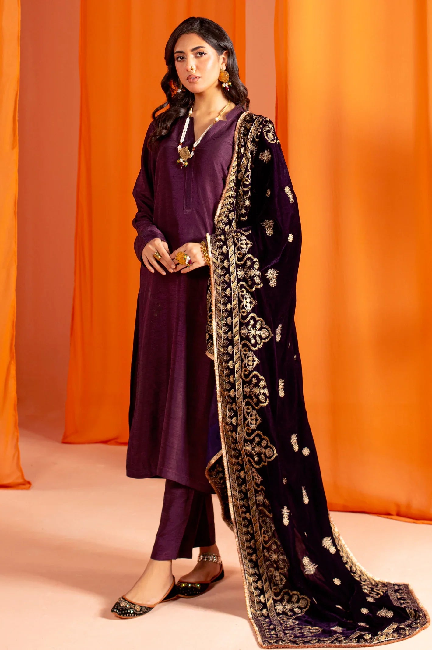 Purple Embroidered Velvet Ladies Shawl From Sohaye By Diners