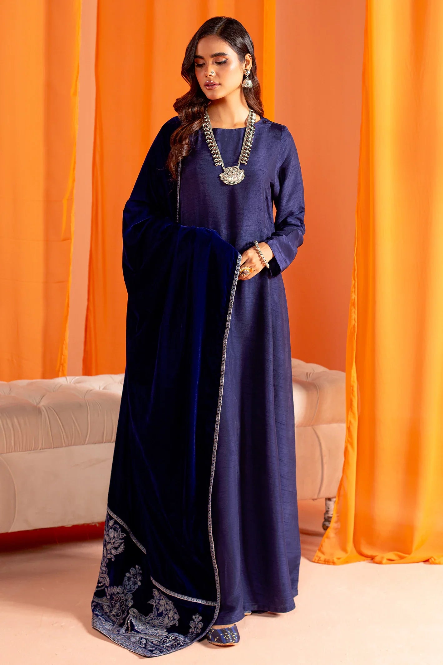 Royal Blue Embroidered Velvet Ladies Shawl From Sohaye By Diners