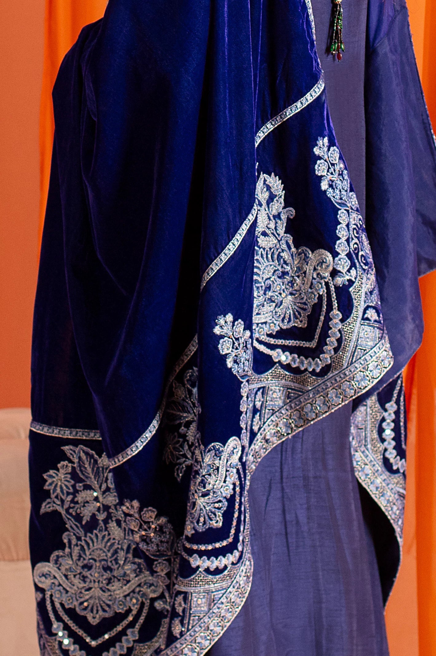 Royal Blue Embroidered Velvet Ladies Shawl From Sohaye By Diners