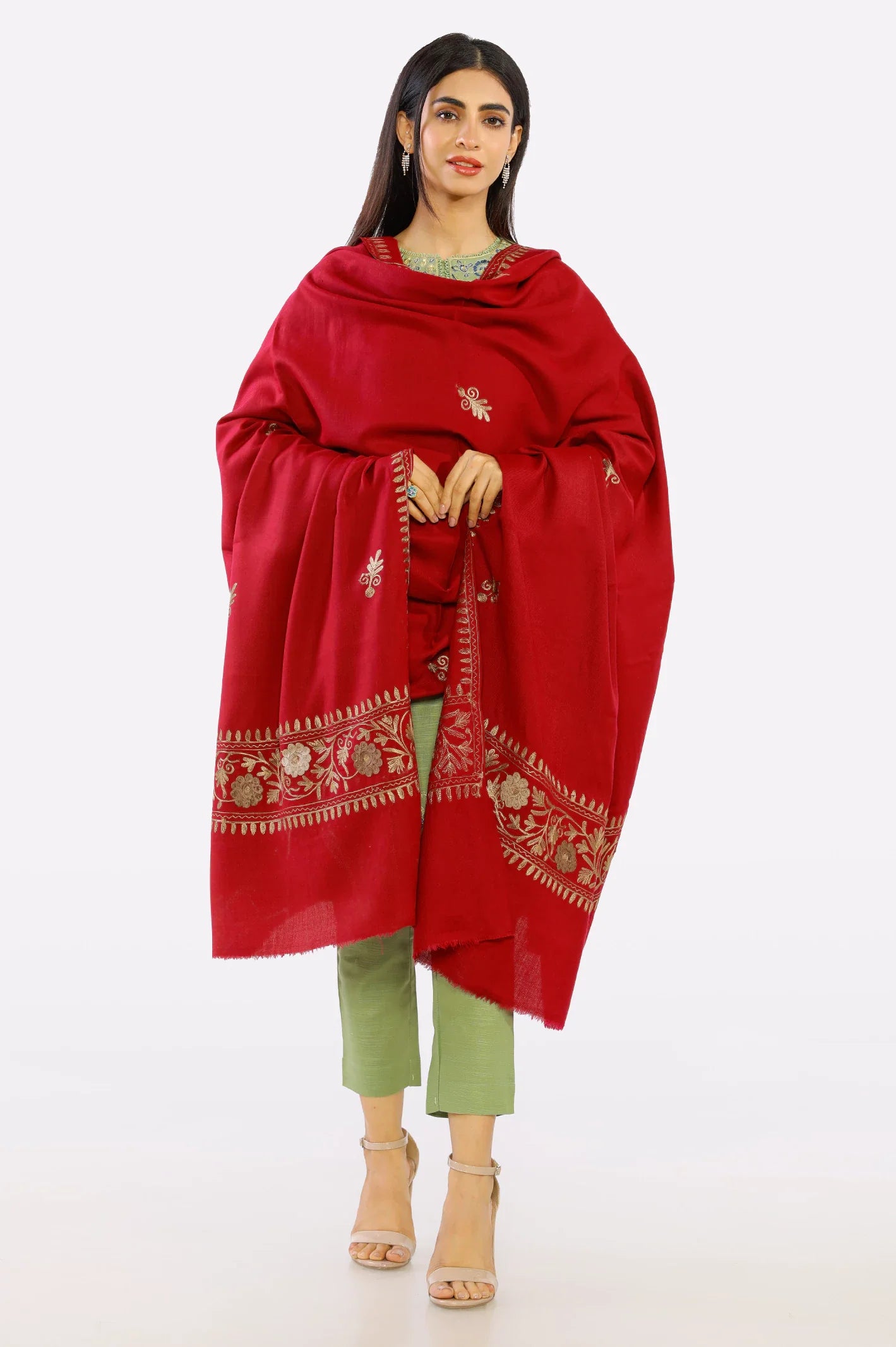 Red Embroidered Ladies Shawl From Sohaye By Diners