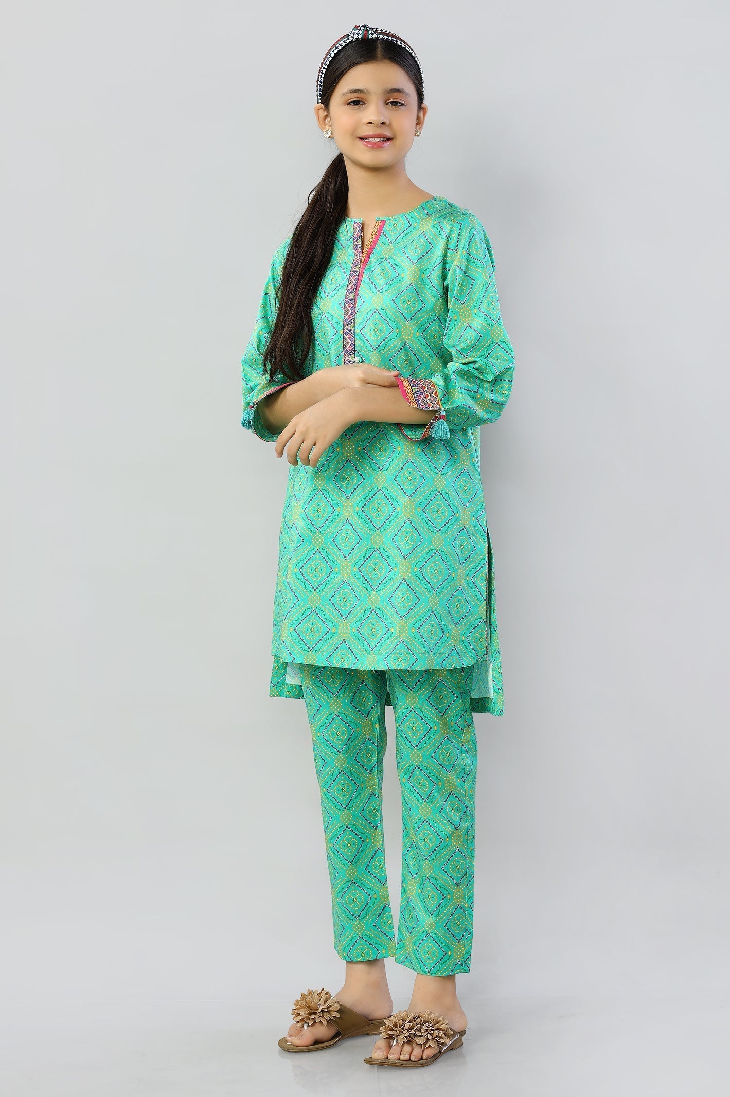 Green Printed Teens 2PC Suit From Sohaye By Diners