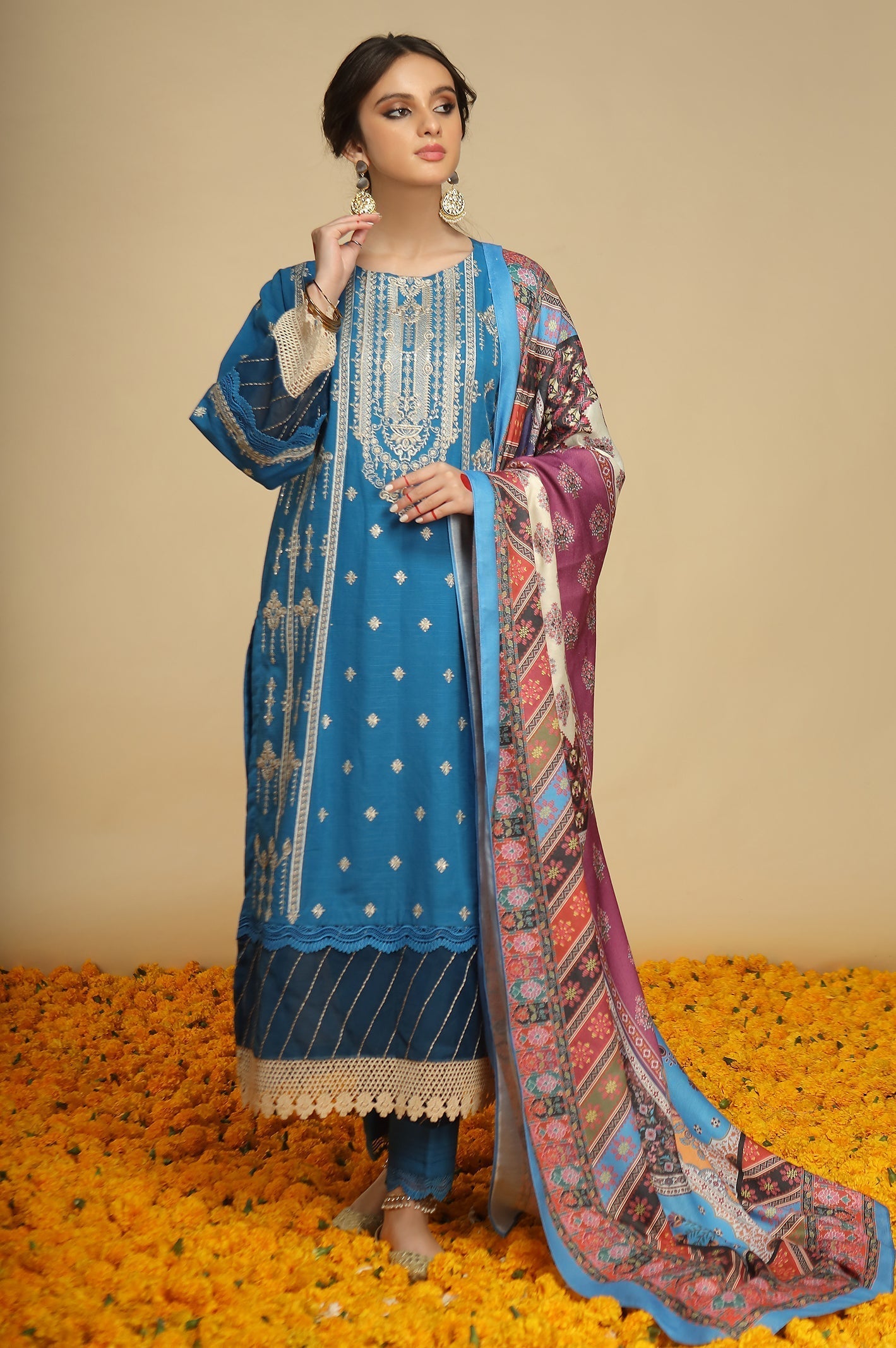Blue 3PC Unstitched Embroidered Khaddar Suit