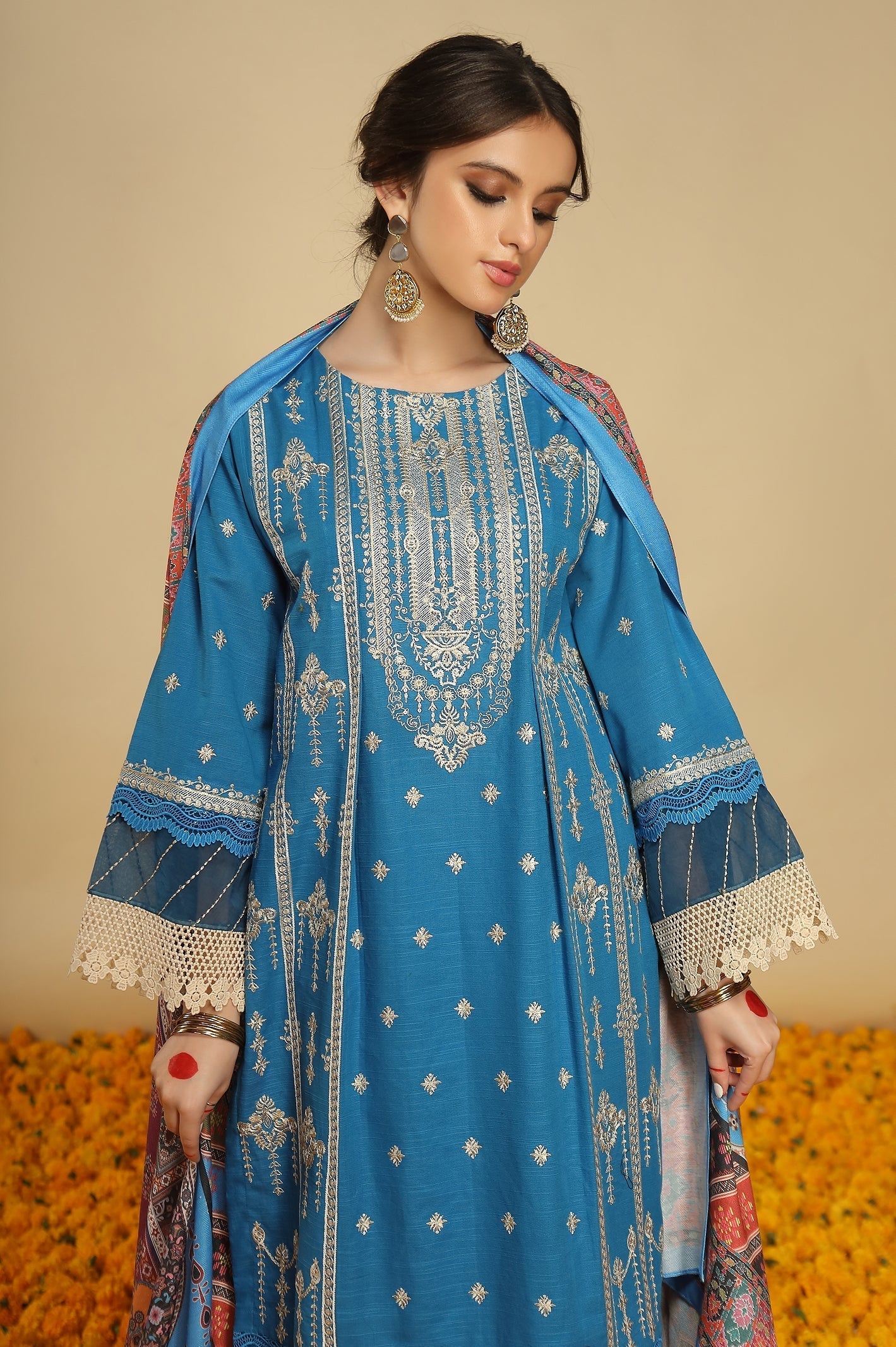 Blue 3PC Unstitched Khaddar Embroidered Suit