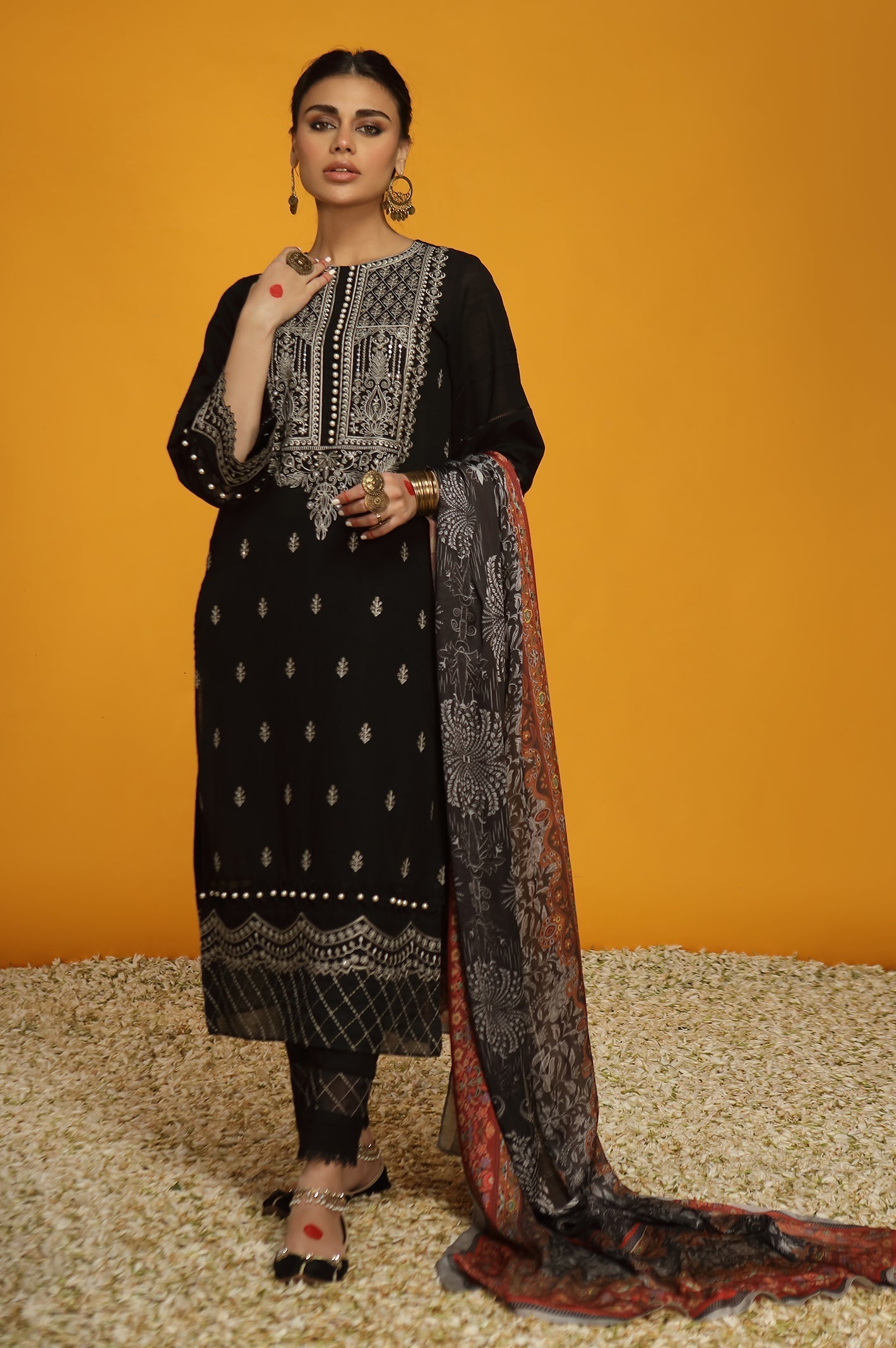 Black 3PC Unstitched Khaddar Embroidered Suit