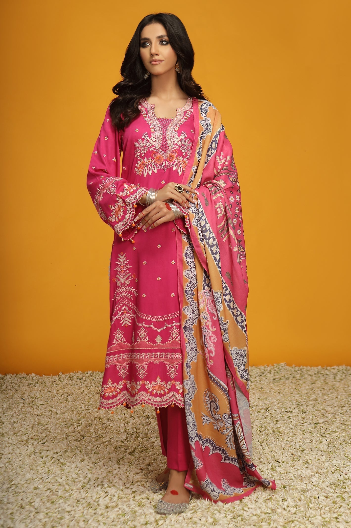 3PC Pink Unstitched Embroidered Suit
