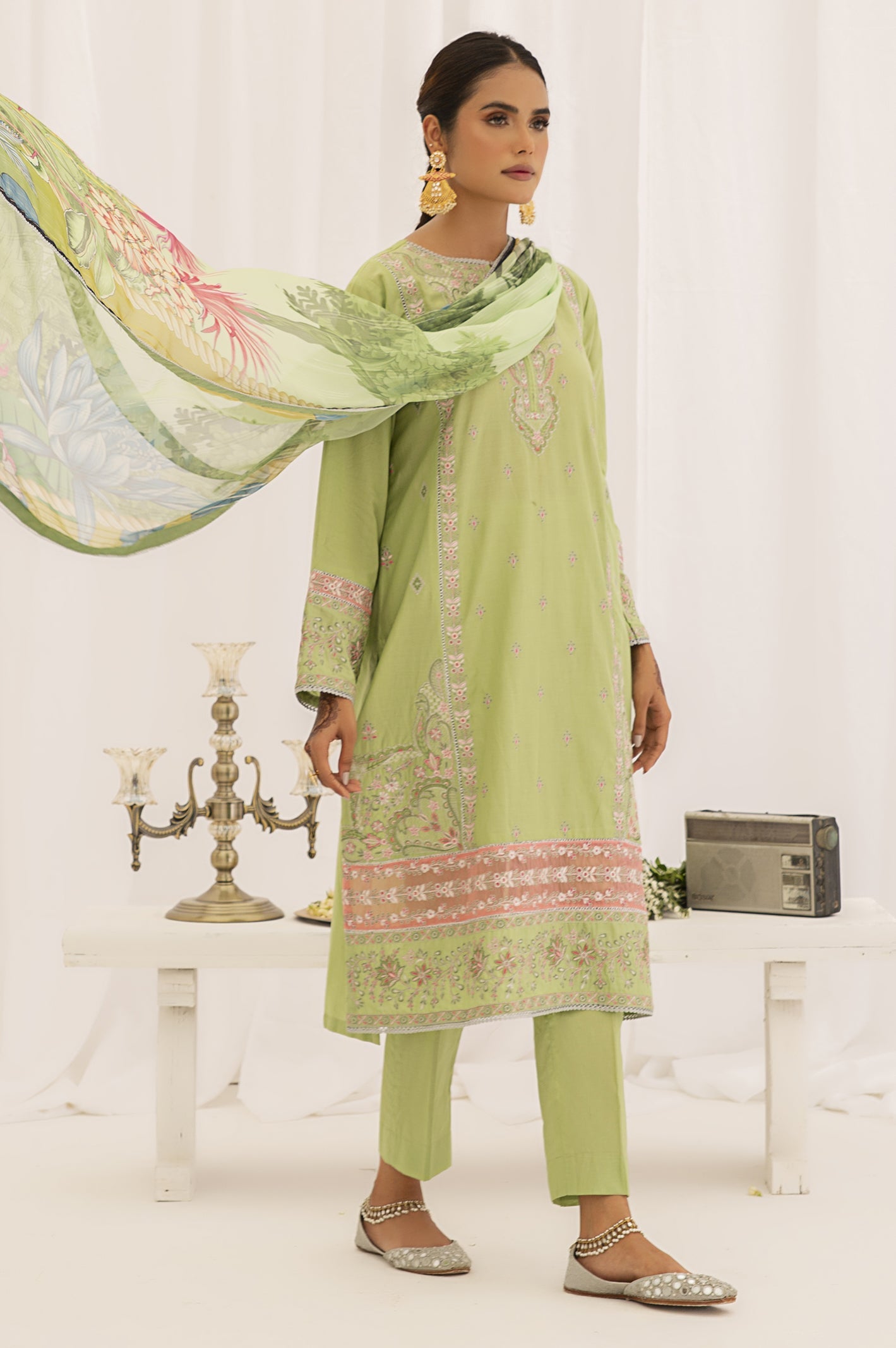 Green Cambric 3PC Embroidered Printed Unstitched Suit