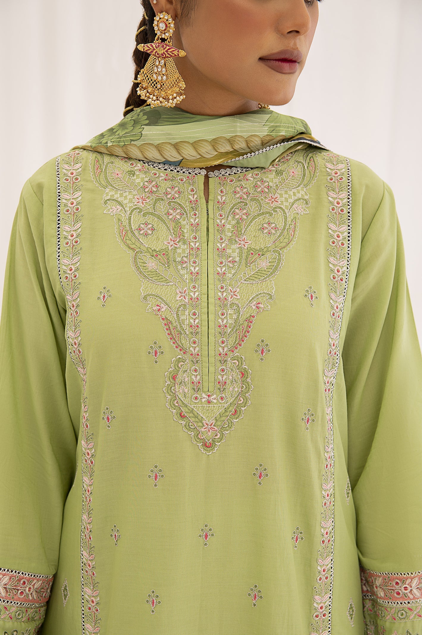 Green Cambric 3PC Unstitched Embroidered Printed Suit
