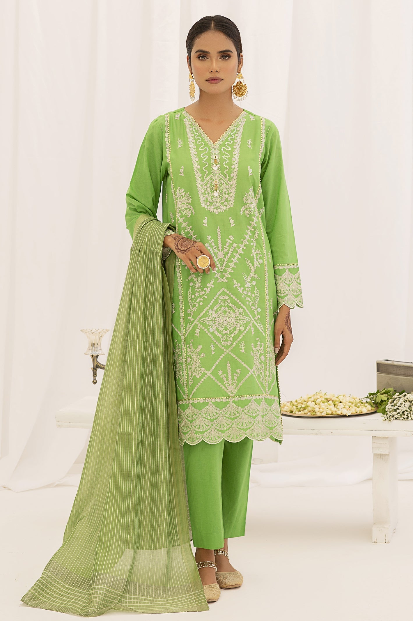 3PC Unstitched Green Cambric Embroidered Suit