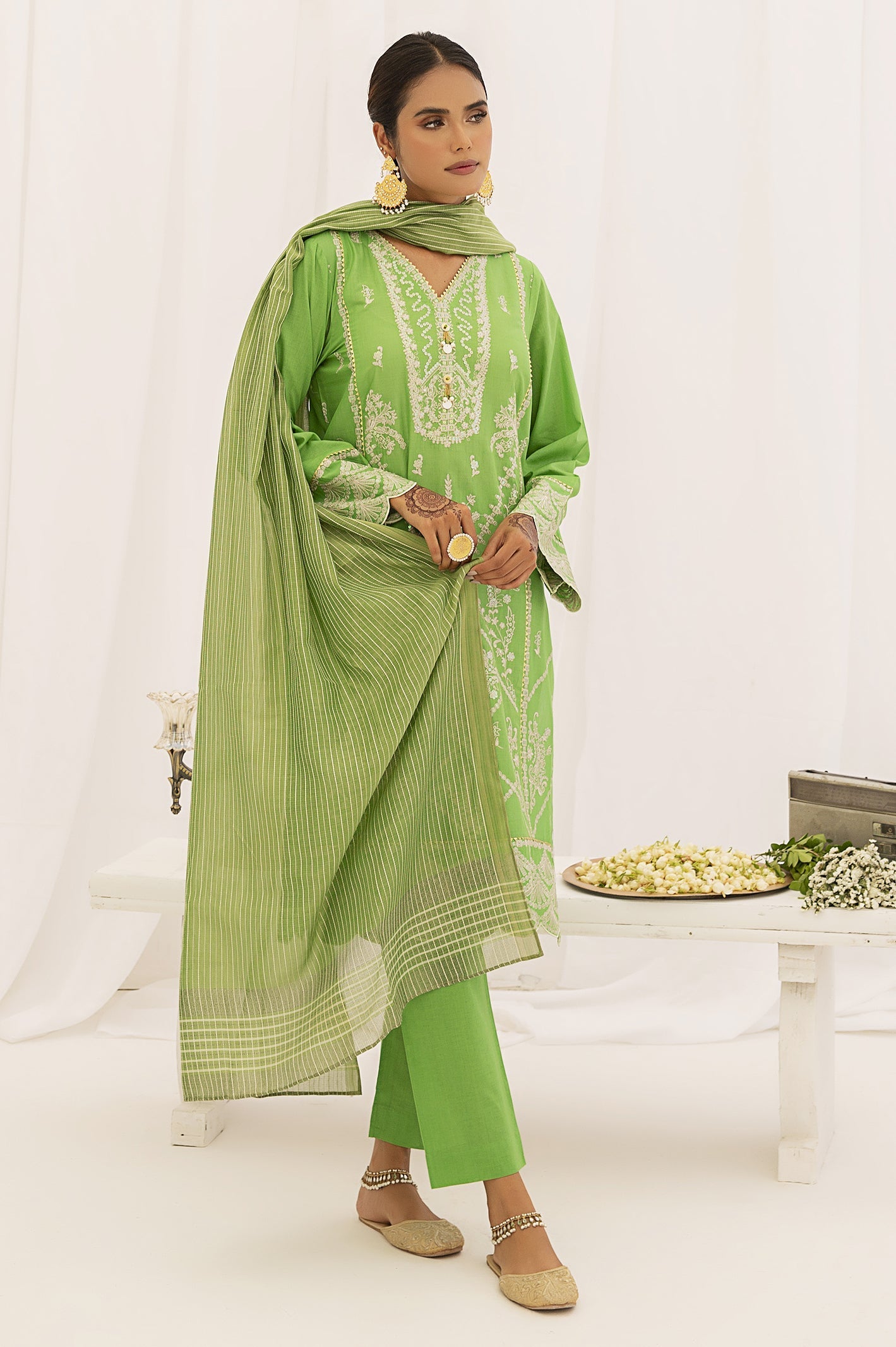 3PC Unstitched Embroidered Green Cambric Suit