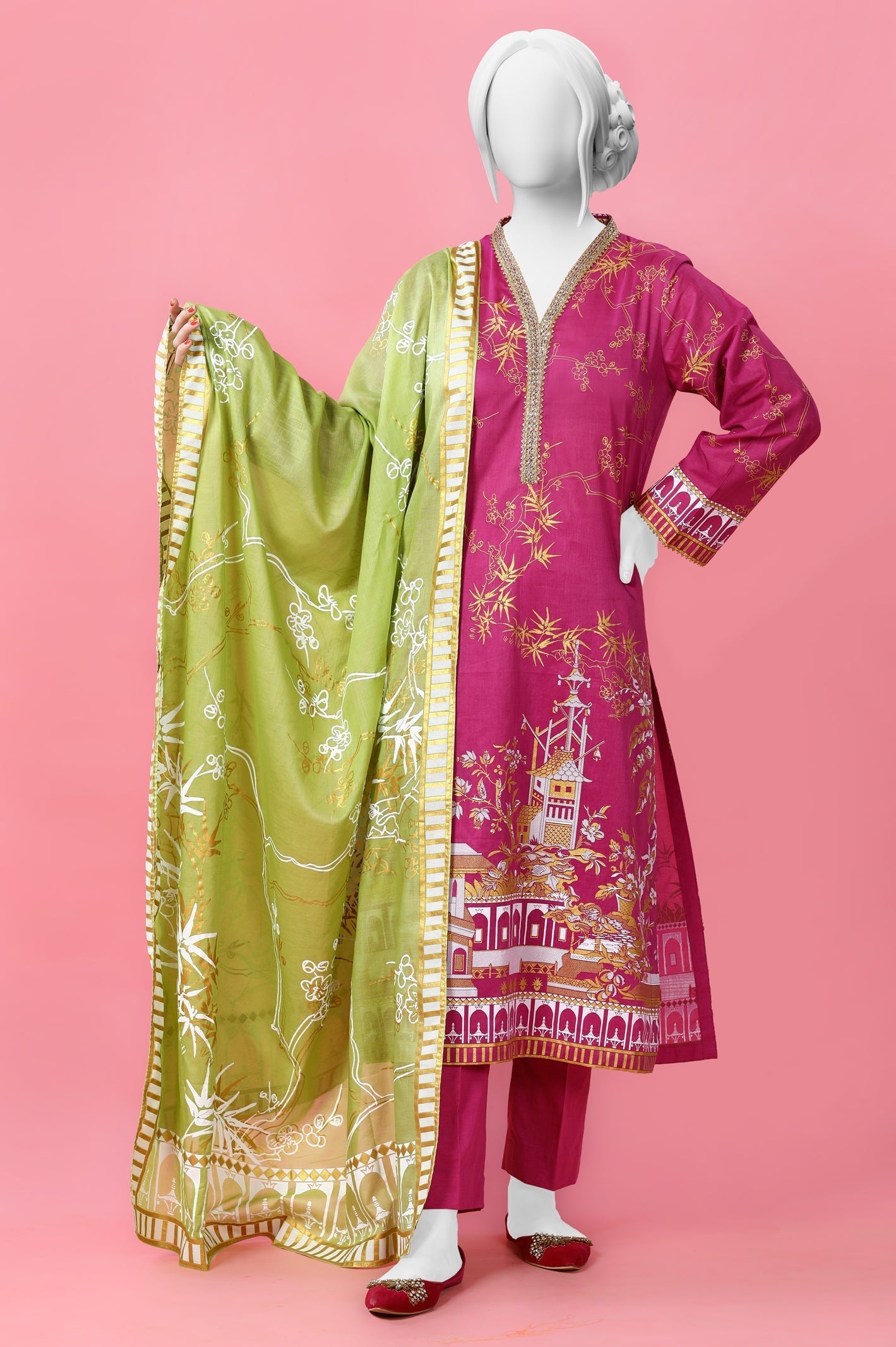 3PC Unstitched Gold Paste Printed Suit - Diners