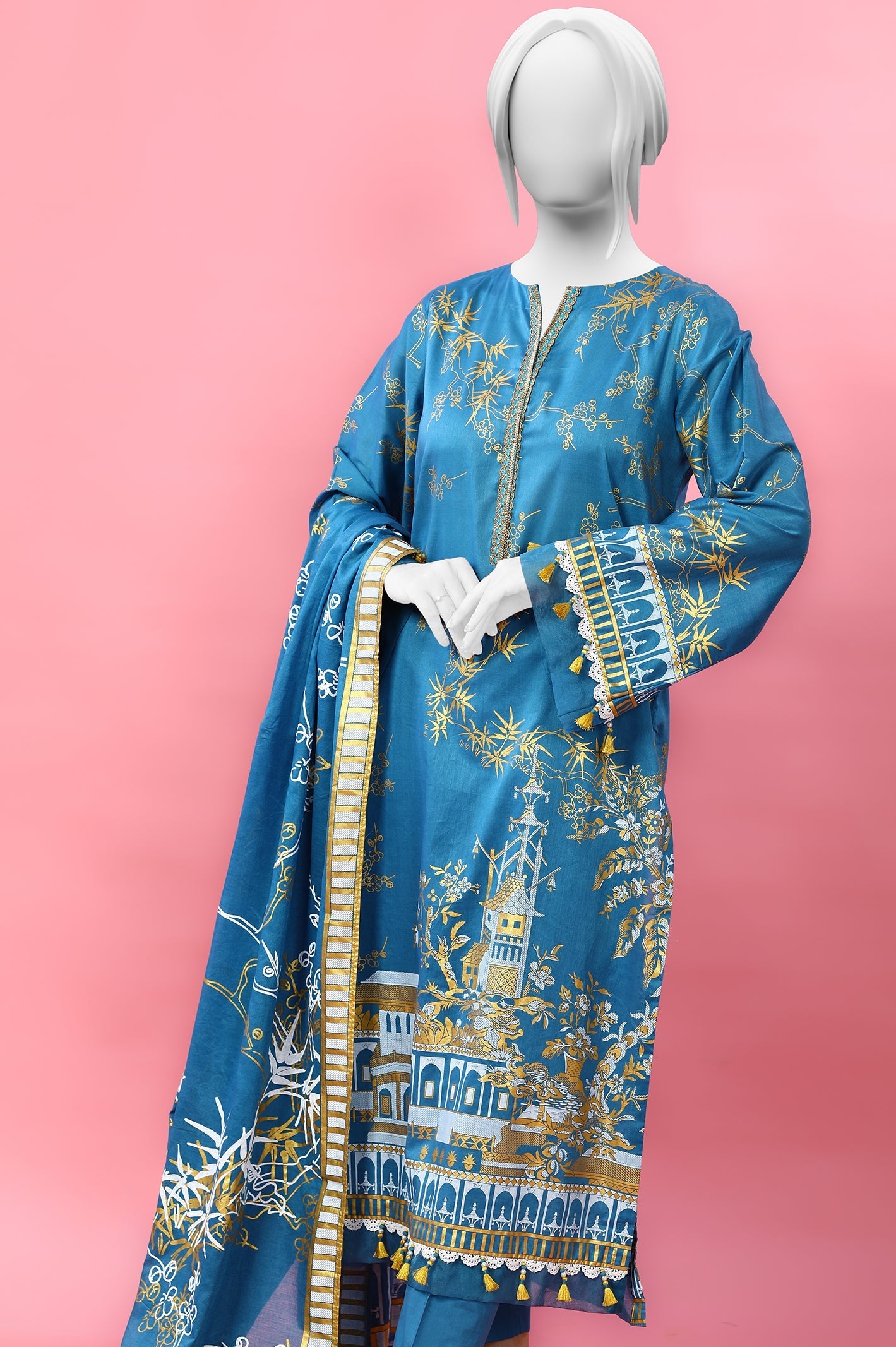 3PC Unstitched Gold Paste Printed Suit - Diners