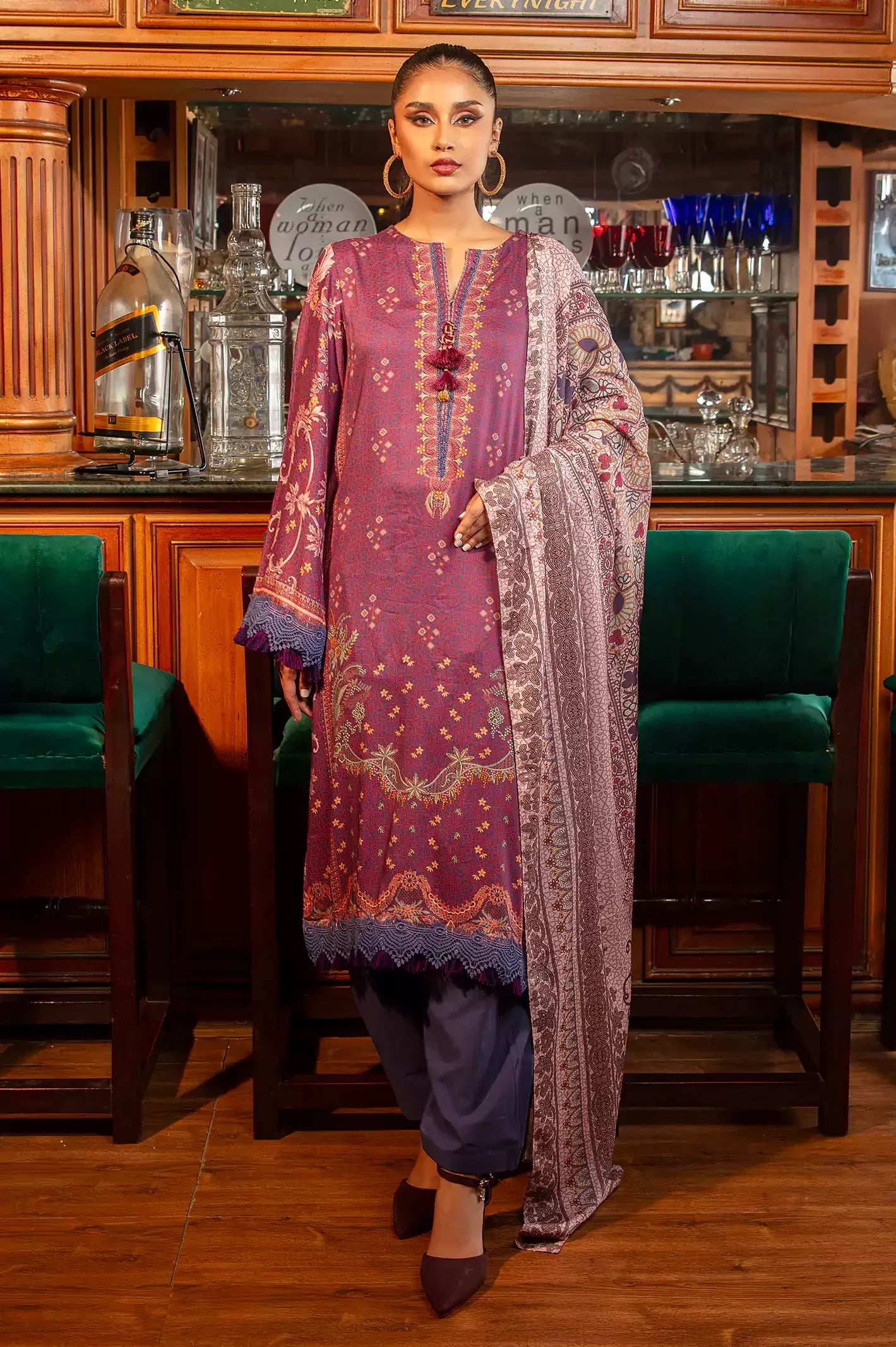 Purple Viscose Digital Printed 3PC Unstitched Suit From Sohaye By Diners