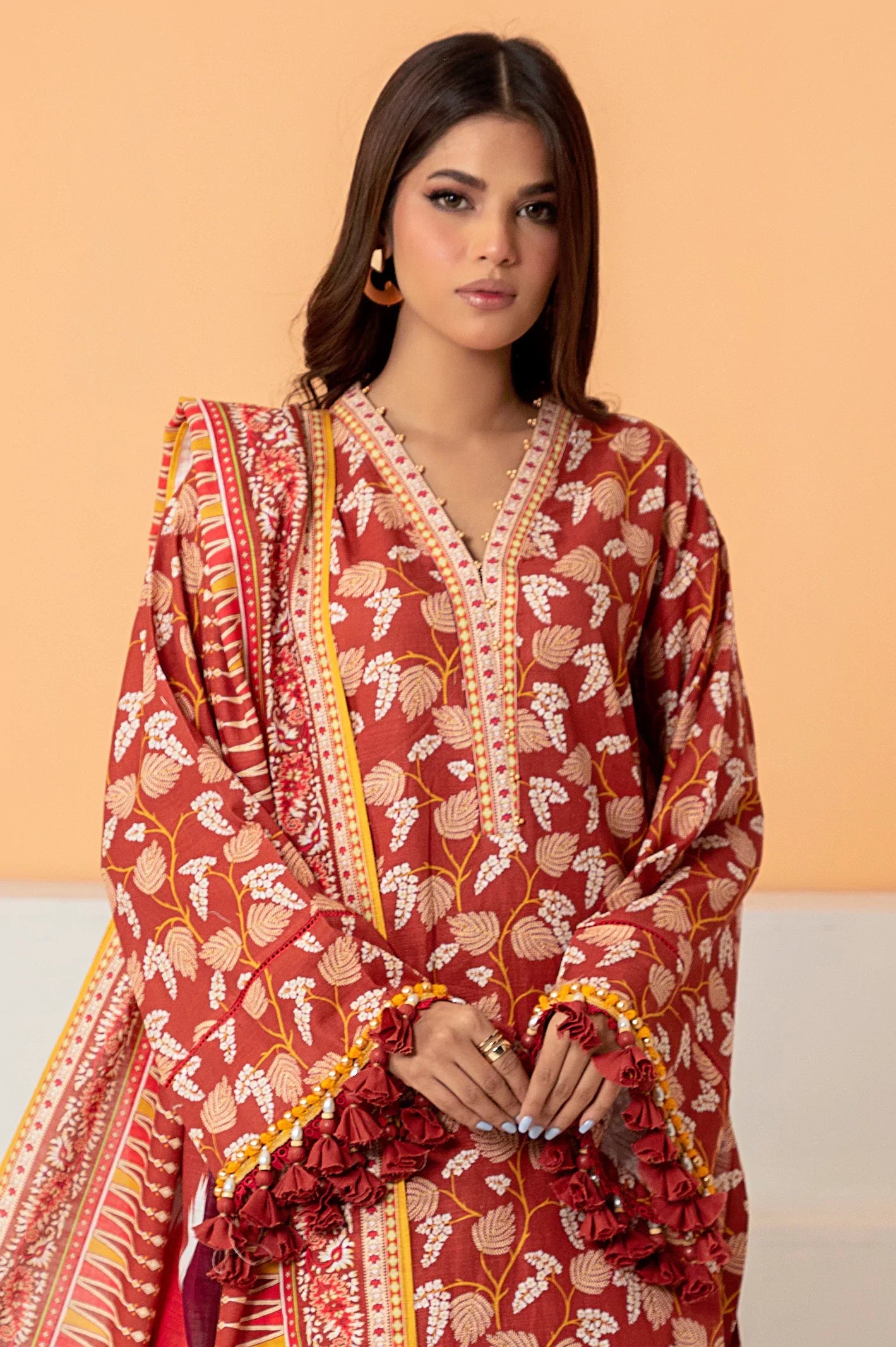 Rust Khaddar Printed 3PC Unstitched Suit From Sohaye By Diners