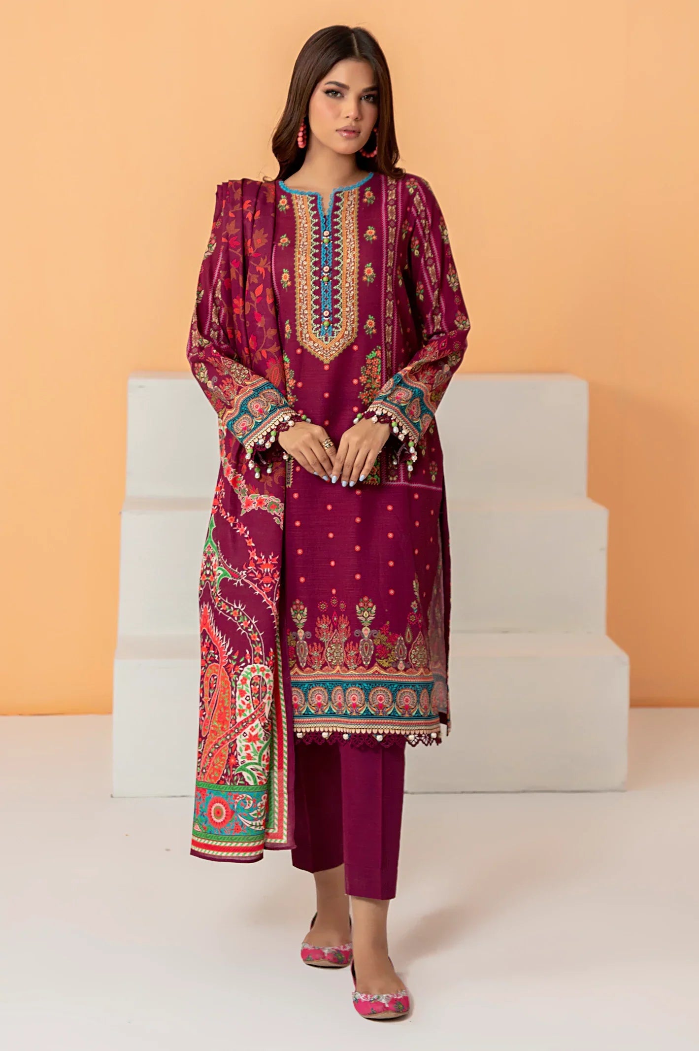 Maroon Khaddar Printed 3PC Unstitched Suit From Sohaye By Diners