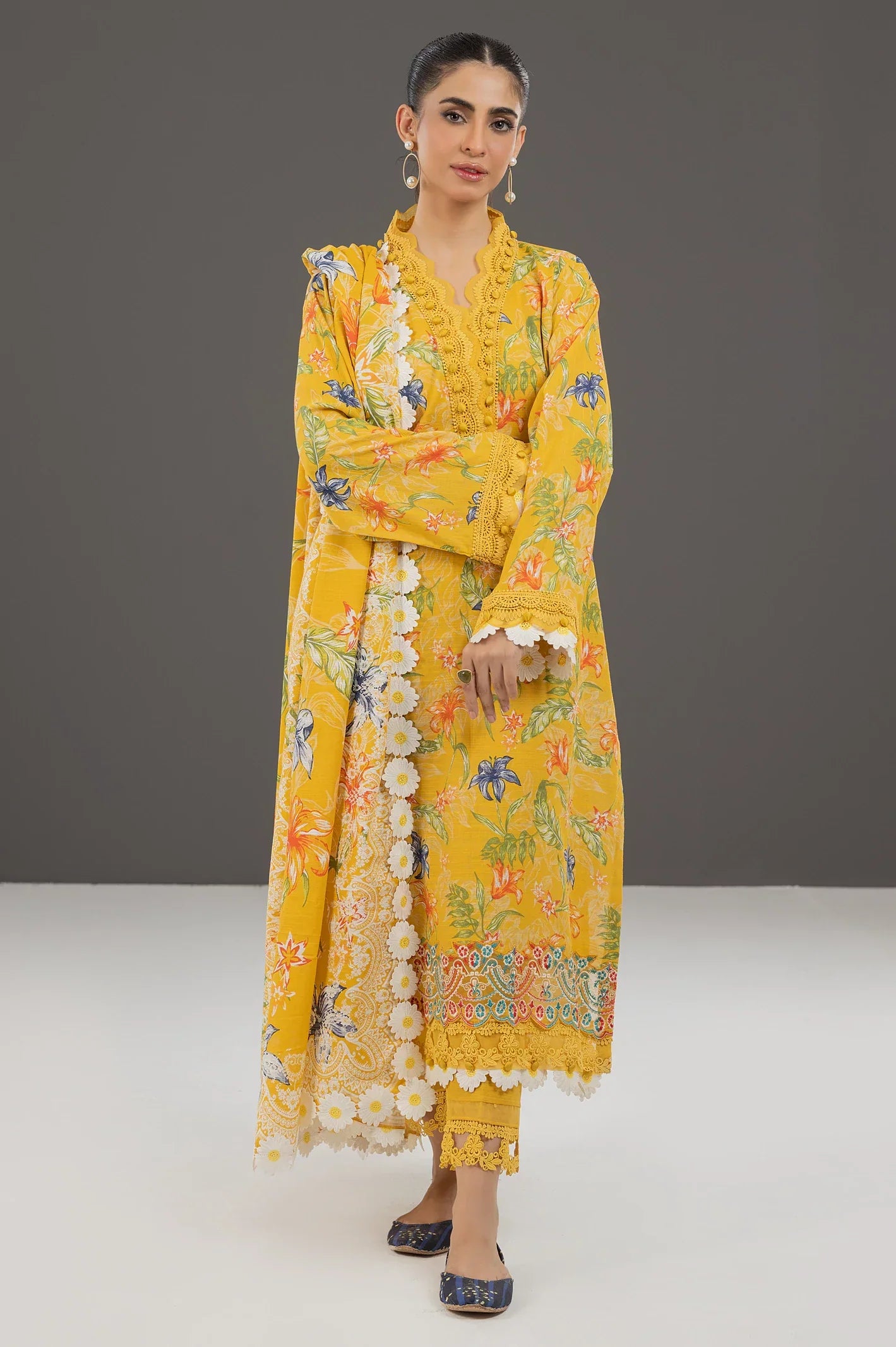 Yellow Khaddar Printed 3PC Unstitched Suit From Sohaye By Diners