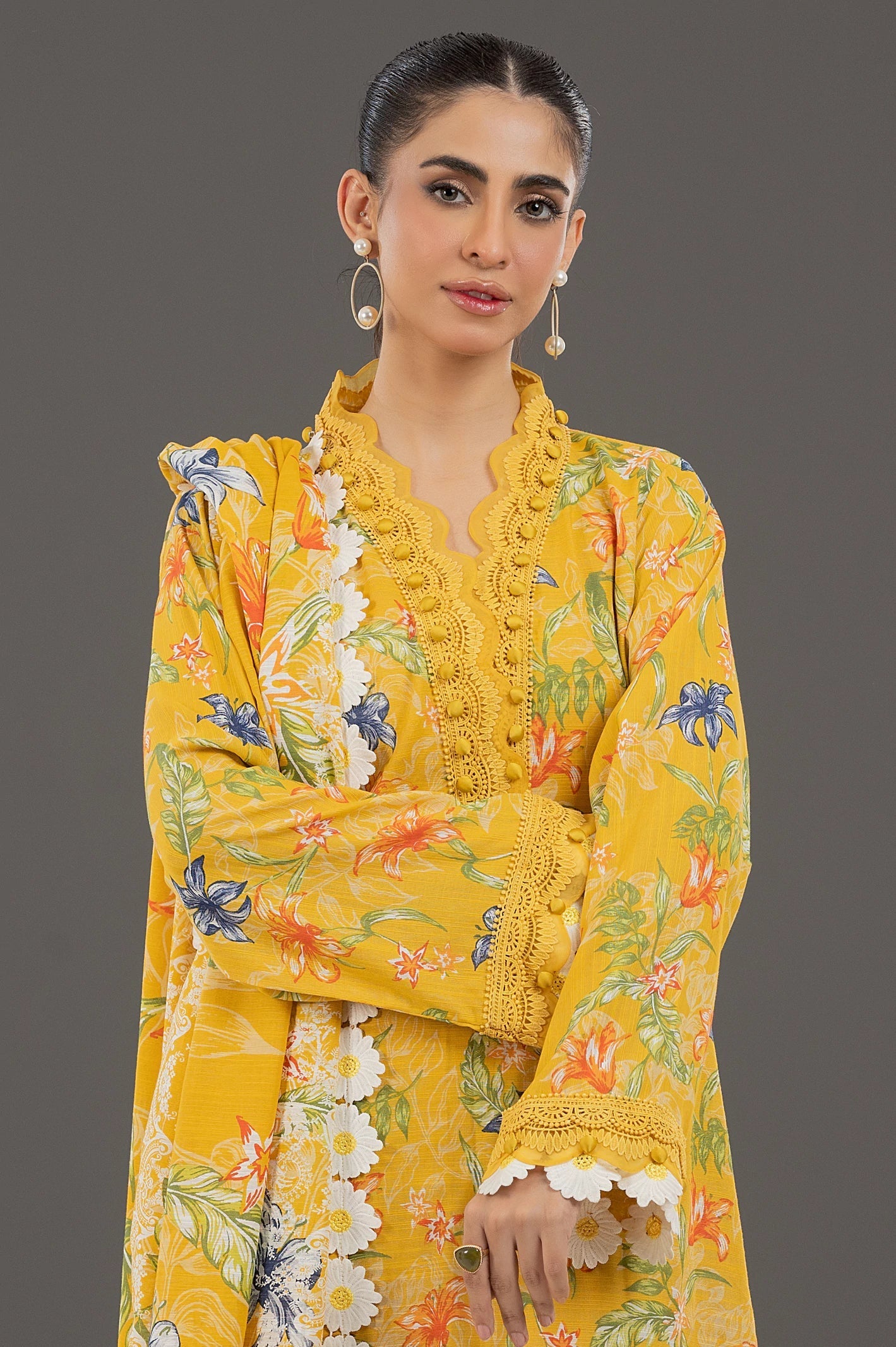 Yellow Khaddar Printed 3PC Unstitched Suit From Sohaye By Diners