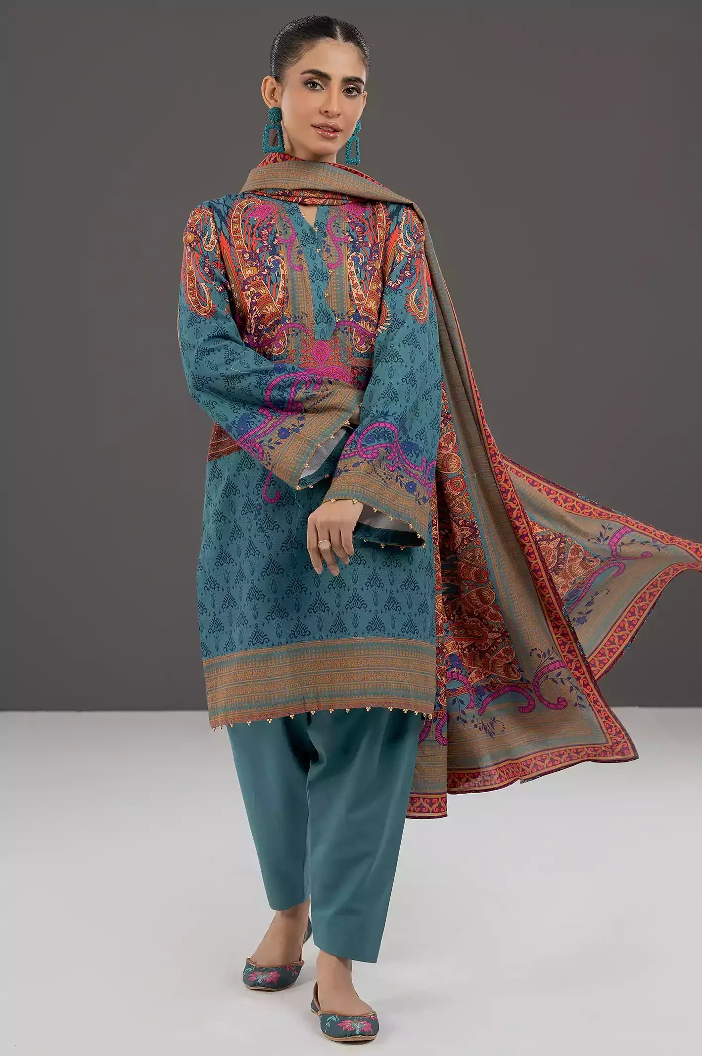 Teal Khaddar Printed 3PC Unstitched Suit From Sohaye By Diners