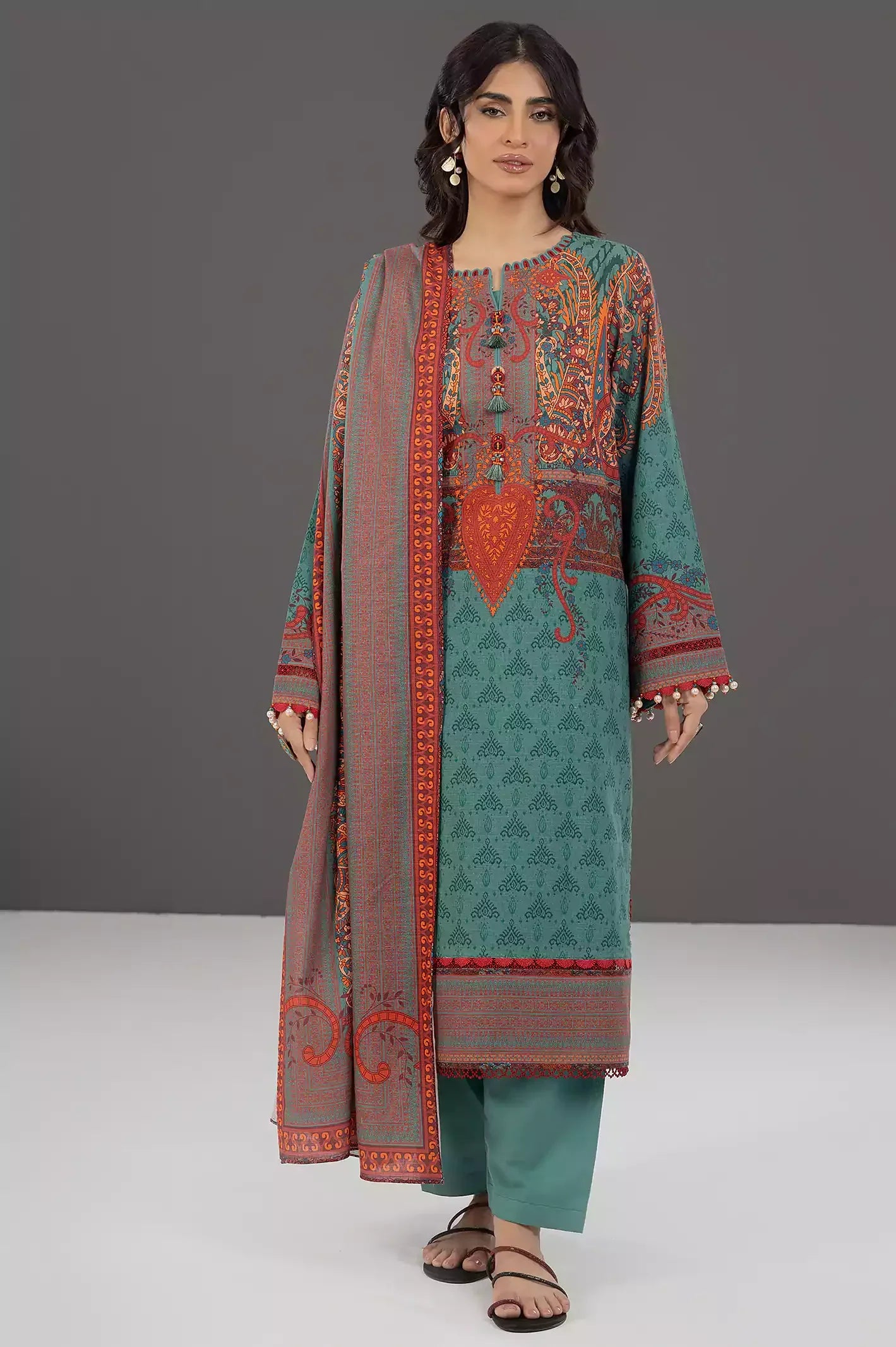Teal Khaddar Printed 3PC Unstitched Suit From Sohaye By Diners