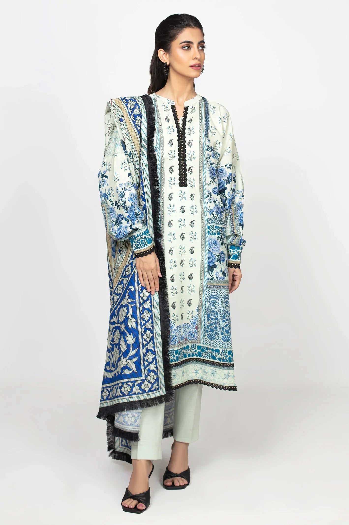 Beige Khaddar Printed 3PC Unstitched Suit From Sohaye By Diners