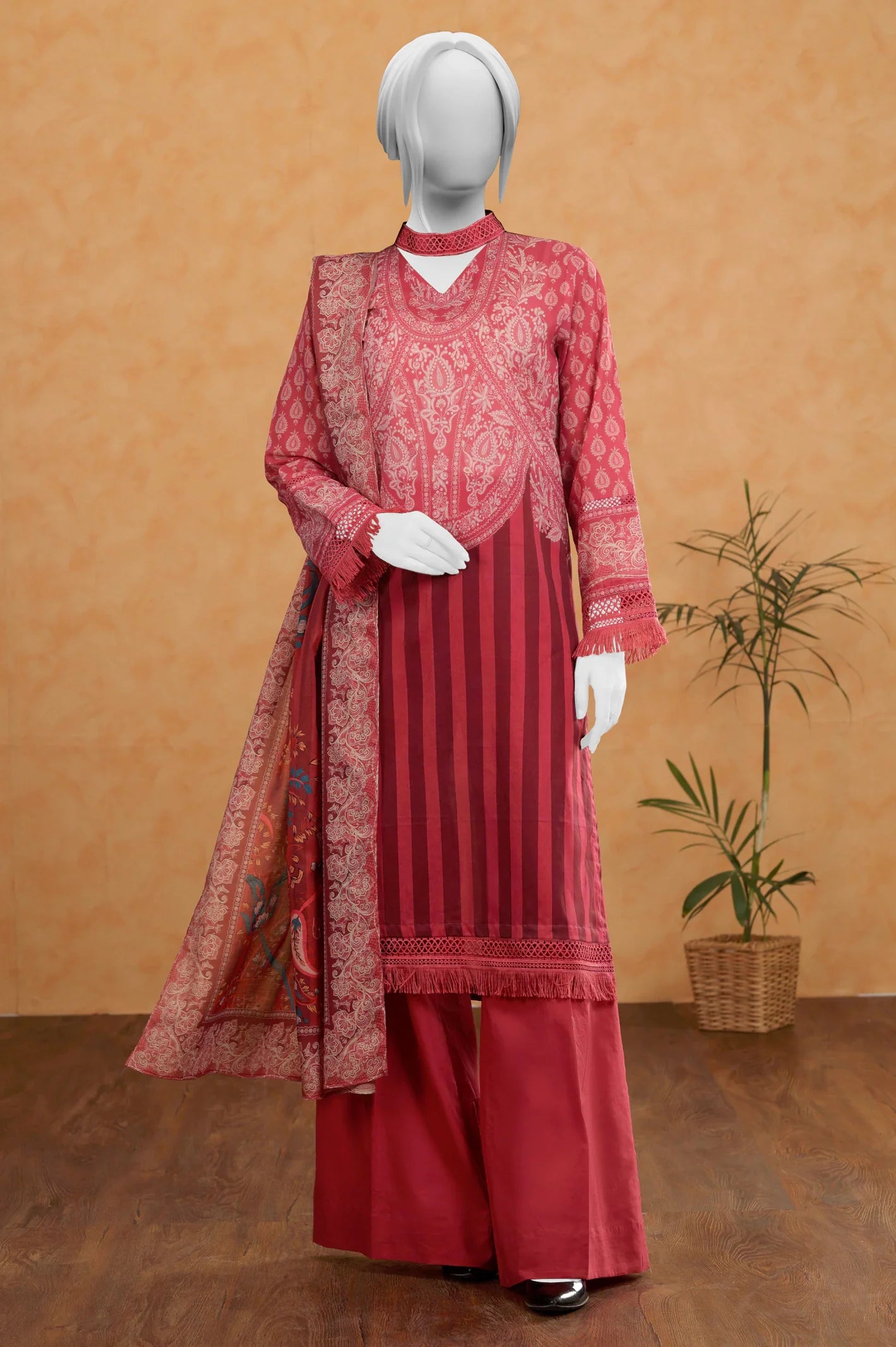 Red Printed 3PC UnstitchedFrom Sohaye By Diners