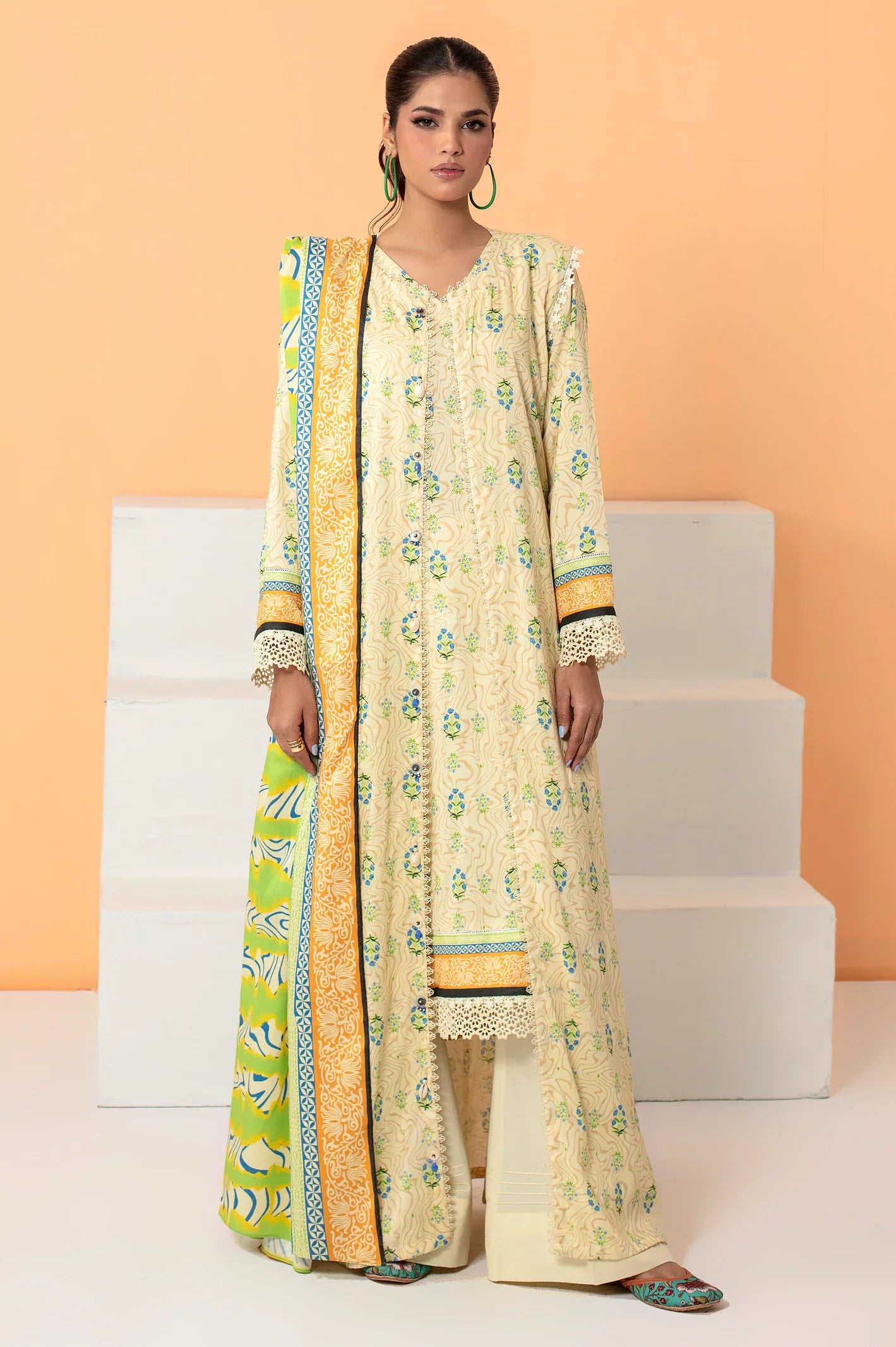 Cream Viscose Printed Unstitched Shirt & Dupatta From Sohaye By Diners