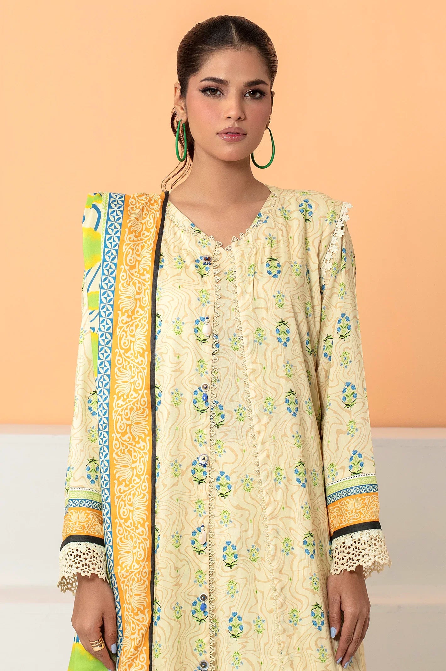 Cream Viscose Printed Unstitched Shirt & Dupatta From Sohaye By Diners
